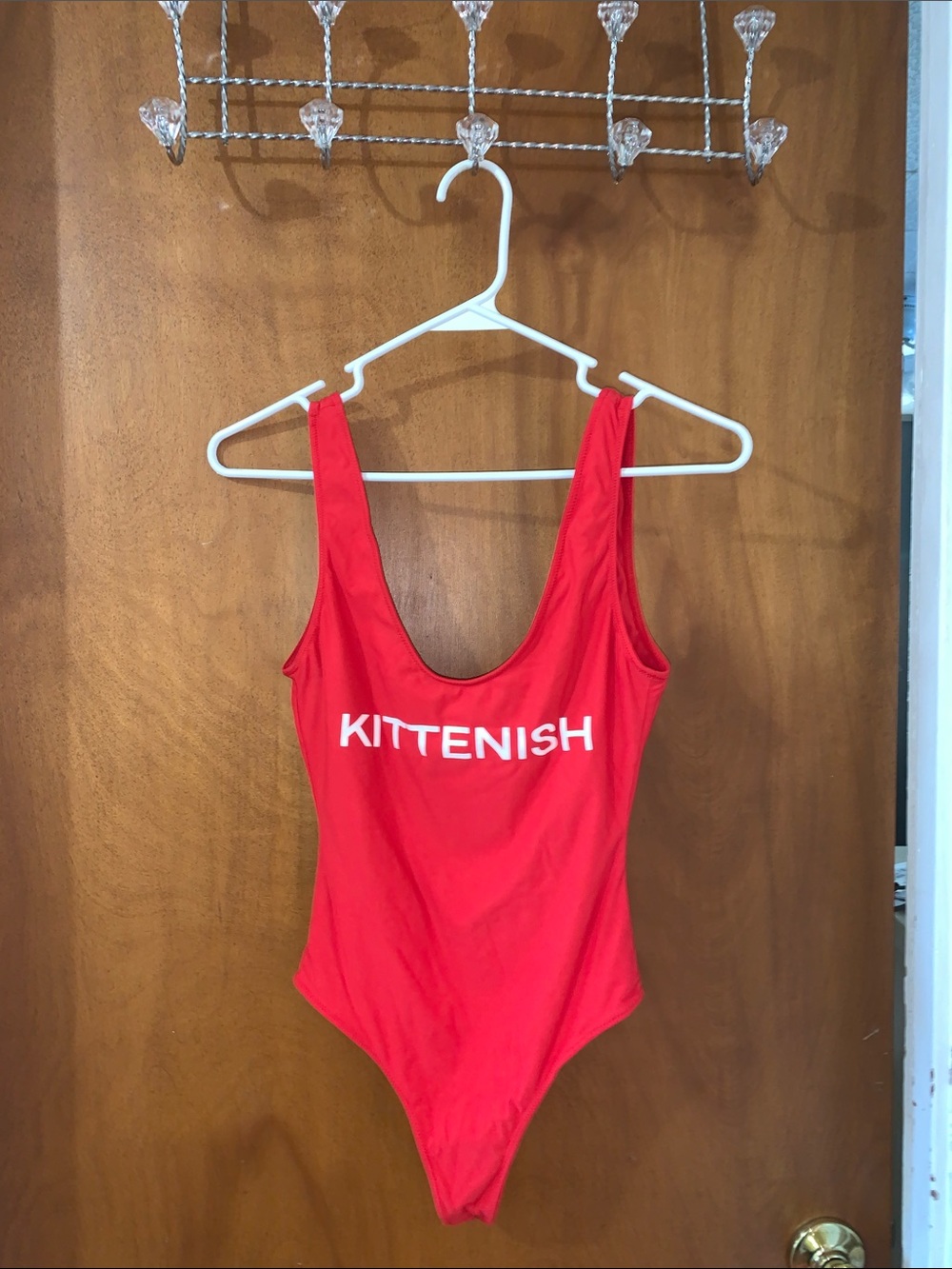Kittenish Red White Low Back One Piece Logo Swim Suit